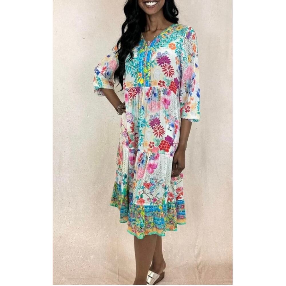 Shana Colorful Patchwork Viscose Silk Popover Midi Dress Women's Small Artsy